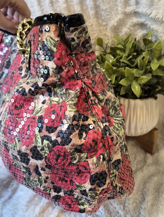 Betsey Johnson Sequined Pleated Tote Black Floral Hobo Handbag Purse Colorful main image 0